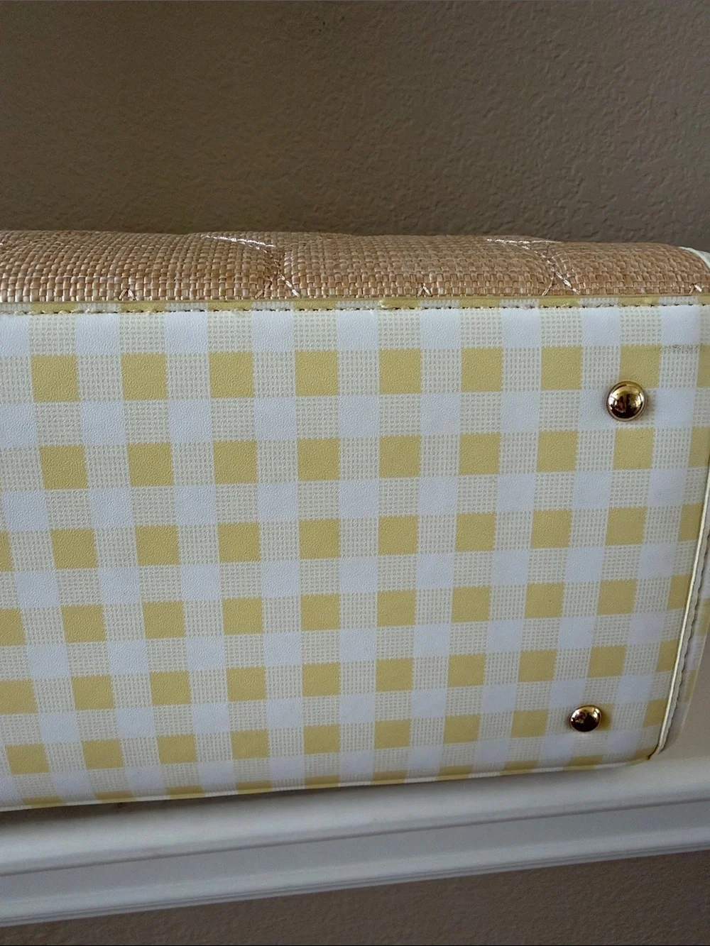 Betsy Johnson Yellow Check & Straw Tote Bag with Blue Lemon Scarf